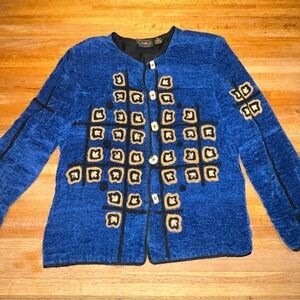 Allure Women Medium Blue Black Brown Lined Button Up‎ Embroidered Texture Blazer